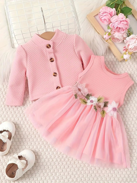 Elegant Bloom – Baby Girl Mesh Dressjacket with Waist Flower Detail